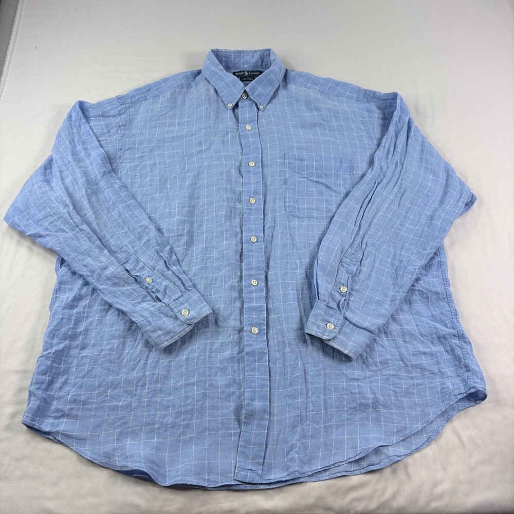 Polo Ralph Lauren Linen Shirt Mens XL Blue Plaid Blake Button Up Preppy Beach - Picture 2 of 9